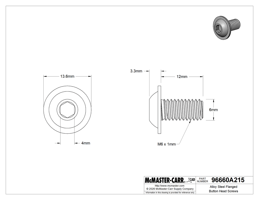 Technical Drawing of Zinc-Plated Flanged Button Head Hex-Drive Screw, Alloy Steel, M6 x 1 mm Thread Size, 12-mm Long.